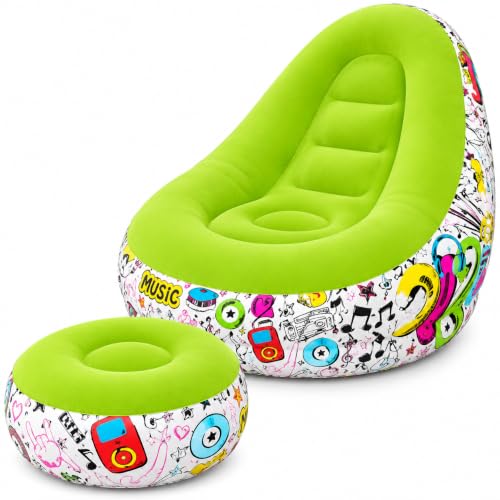 Image of Inflatable Lounge Chair with Matching Ottoman, Single Size, Foldable & Portable Relaxing Chair for Living Room, Bedroom & Home, Lime Green