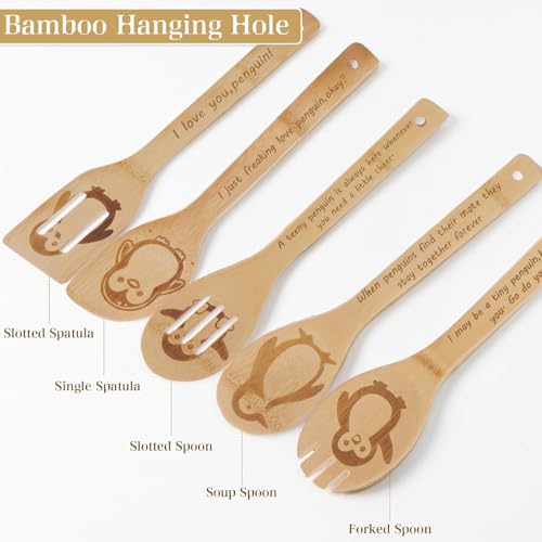 5PCS Penguin Wooden Cooking Spoons Kitchen Decor Penguin Gifts for Women Men Penguin Lovers Birthday Gifts Party Favors Housewarming Wedding Bamboo Cooking Spoons for Everyday Use by Databa - Used condition - Image 3