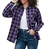 SANGTREE Womens Flannel Shirt, Casual Plaid Tops Long Sleeve Button Down Shirt for Women Buffalo Purple, Medium