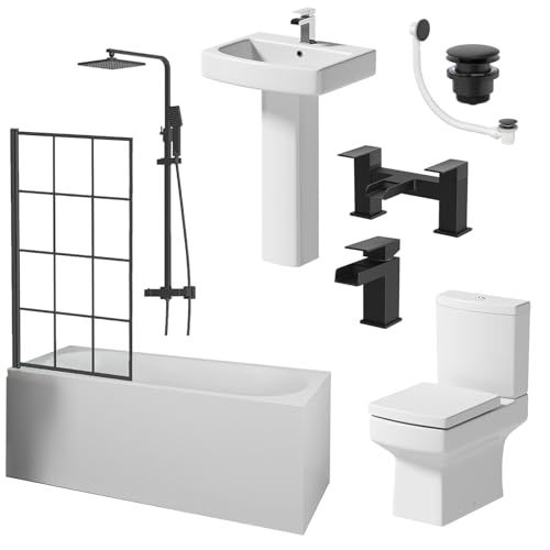 Image of Affine® Complete Bathroom Suite 1700mm Single Ended Curved Bath Shower Grid Screen Close Coupled Toilet WC Basin Full Pedestal Waterfall Taps Waste