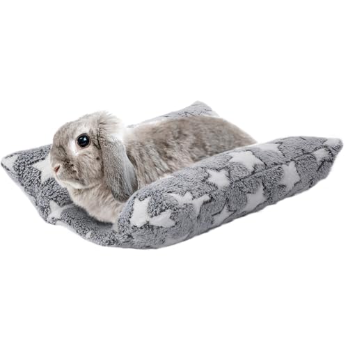 MEWTOGO 15.7" x 14" Bunny Bed for Rabbit Cage - Thickened Soft Prevent Sore Hocks Plush Mat with Cotton Lounger Pillows, Small Animal Flop Mat for Hutch Sleeping Indoor, Gray-Star by MEWTOGO - Used condition - US$17.14