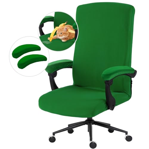 Image of Stretch Computer Office Chair Cover with Armrest Covers Durable Zipper Universal Washable Removable Spandex Rotating Boss Chair Slipcovers Anti-dust Soft Desk Chair Seat Protector (Green)