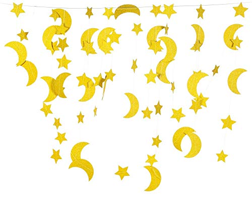 50Ft Glitter Moon & Stars Garlands, 6 Pack Gold Double-Side Crescent And Twinkle Stars Paper Hanging Decorations For Birthday Party Baby Shower Engagement Wedding For Nursery Kids Room Home Bedroom #TOP3