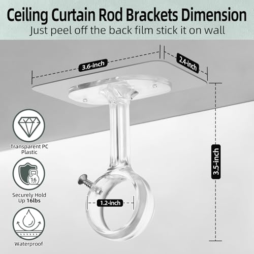 MUAKIOY 16 Pack No Drill Curtain Rod Brackets, Ceiling Mount Adjustable Adhesive Curtain Rod Holders, No Hole Curtain Hangers for Bathroom Kitchen Home Bathroom, Hold Up to 20LBS (Transparent) by MUAKIOY - Image 4