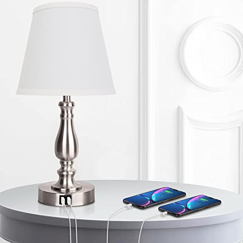 Table Lamp For Living Room, Touch Lamps For Bedrooms, 3 Ways Dimmable Bedside Lamp Set Of 2 Usb Lamp, 20 Inch Metal Farmhouse Fabric Accent Bedroom Lamps For Nightstand, Bulb Free, Brushed Nickel #TOP4