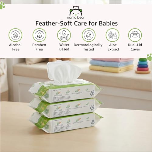 Image of Amazon Brand - Mama Bear Cleansing Baby Wipes With Lid | 216 Wipes | 72 Wipes x 3 Packs | Dermatologically Tested | With Aloe Vera & Vitamin E | Alcohol-Free | Paraben-Free | Water-Based formulation
