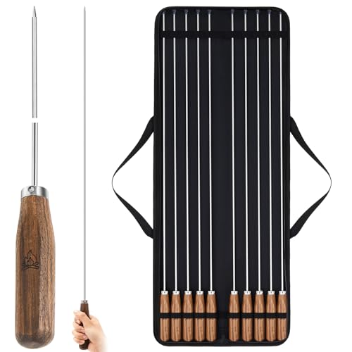 Maxdot 10 Pack Smores Sticks for Fire Pit 34' Extra Long Roasting Marshmallow Stick Campfire Hot Dog Accessories Kit Metal Skewers Roast with Walnut Wood Handle and Storage Bag for Outdoor Camping BBQ
