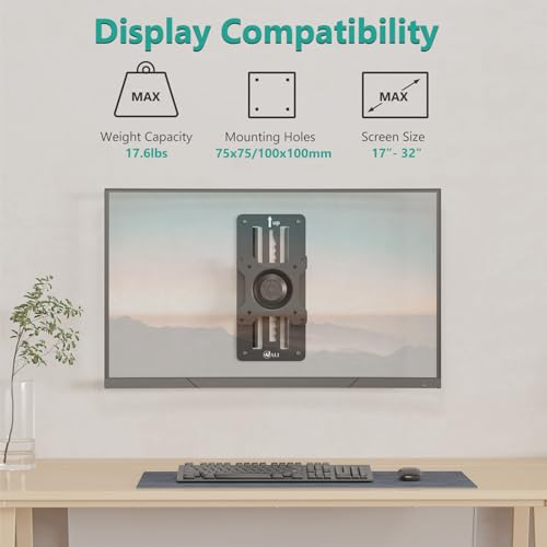Image of WALI Single Monitor Wall Mount, Height Adjustable for 17-32 inch Computer Monitor Bracket, up to 17.6 Lbs, Fits 1 Screen with Max Mounting Holes 100x100mm (1732LM), Black