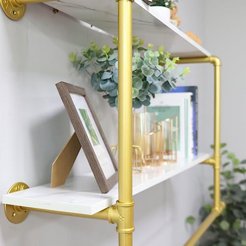 unho Kleiderstange zur Wandmontage, Wandgarderobe mit 2 Ablage im Industrierohrstil, Wandgarderoben für Schlafzimmer Wohnzimmer, Gold