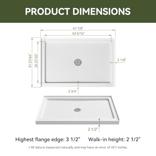 Image of HOROW 48 inch x 32 inch Shower Base, Center Drain Shower Pan, Low Profile Acrylic Base with Reinforced Fiberglass, Non-Slip Surface, Stainless Steel Drain Cover, Leak-Resistant for Bathroom