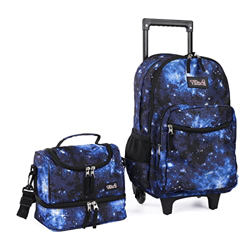 Tilami Rolling Backpack 18 inch Double Handle with Lunch Bag Wheeled Kids Backpack for Girls and Boys Galaxy Blue