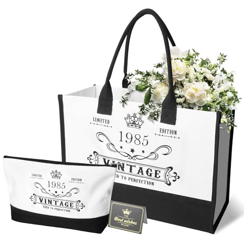 HOSSOM Geschenke für Frauen Canvas Einkaufstasche Reiseausrüstung, Vintage 1985 Canvas Einkaufstasche Tragetasche Kosmetiktasche Set mit Grußkarte, für Mutter Frau Freunde