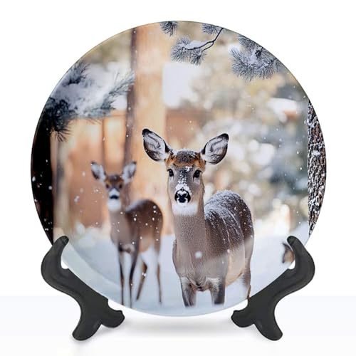 DISAOODANK Decorative Plates Winter Deer Snow Wall Decor Ceramic Ornament with Display Stand and Hook Up for Festival, Parties, Wedding 10