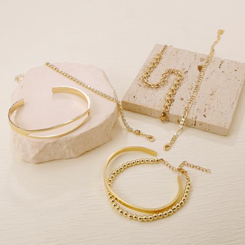 BROCC 6PCS Gold Bracelets for women 14K Gold Bangle Stack Adjustable Trendy Cuff Bracelets Gold Filled Stacks Bangles Link Chain Bracelets Collection Jewelry sets4