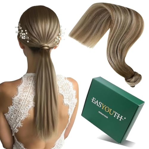 Image of Easyouth Pony Tail Extensions, 14 Inch 70G, Ombre Brown Balayage Dark Brown to Light Brown with Blonde, Natural Look, for Women Party Wear