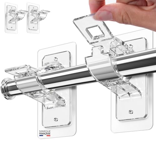 Accroche Tringle sans Perçage Lot de 2 ✮MARQUE FRANCAISE✮ Auto-Adhésif (avec vis et chevilles inclus) Support Tringle Rideau Transparent pour Barre...