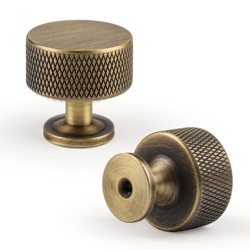 Urnew Antique Brass Kitchen Cabinet Knobs 2 Pack, 1.1Inch Knurled Pulls for Dresser and Drawers, Furniture Hardware Handles for Cupboard Wardrobe Vanity Closet Door