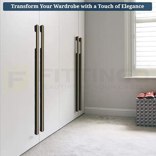 Image of Altroz Modern Handle for Wardrobe /Cabinet Handle /Pull Handle for Wardrobe /Cupboard Handle (600mm Hole to Hole) Aluminum - Black /PVD Gold (Pack of 1)-| 3 Years Warranty |