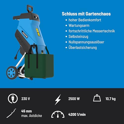 Güde Gartenhäcksler GH 2501 (2500 W, Messertechnik, wartungsarm, Selbsteinzug, Transporträder, Überlastsicherung, max. Astdicke 45 mm, inkl. Fangsack 45 L und Zuführhilfe)