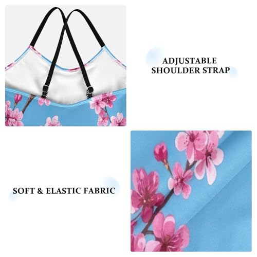 Cherry Blossom Branches Flowers Blue Girl Bathing Suit with Adjustable Shoulder Strap, Beach Apparel, 3-103