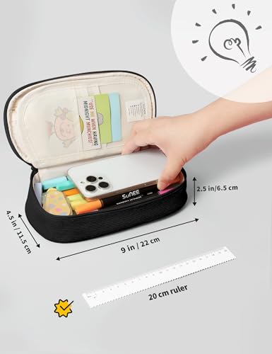 Image of SUNEE Cute Pencil Case, Large Pencil Pouch, Soft Corduroy Aesthetic Big Pencil Bag with Zipper, Kawaii Stationery Storage and Organizer, School Supplies for Teen and Adult, Boys&Girls, Coal Black