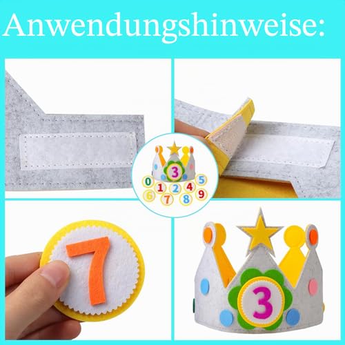 loghohu Geburtstagskrone, Krone, Geburtstagskrone mit Zahlen, Geburtstag Kinderkrone Geburtstagskrones aus Stoff mit Auswechselbaren Zahlen von 0-9, Unisex Krone für Kinder Geburtstag Party Supplies