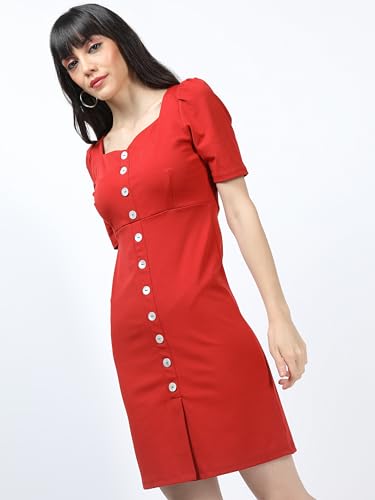 Image of Tokyo Talkies Women's Elegant Solid Sheath Dress | Short Sleeves& Front Button Detail for a Feminine Touch