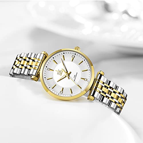 SHENGKE SK Montre Classique pour Femme avec Bracelet en Acier Inoxydable et Bracelet en Cuir véritable (Silver-Gold) – vue 4