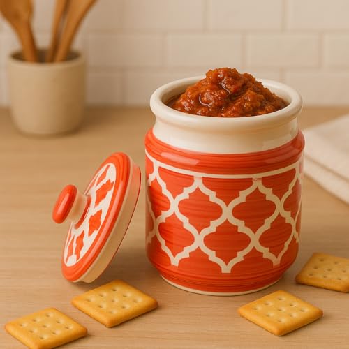 Image of Ceramic Jars (1000 ML) - Handcrafted Multipurpose Barni with Lid for Pickle, Chutney, Spices, Salt, Sugar - Kitchen Storage Containers, Red White