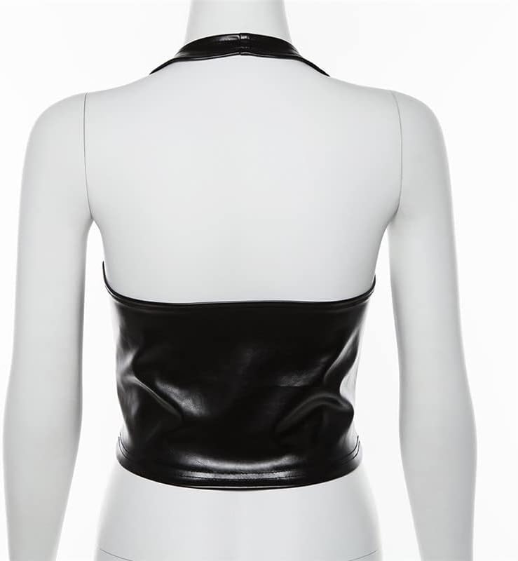 Women Sexy PU Leather Crop Tops Backless Halter Lace-Up Tanks Sleeveless Camisole - Image 5