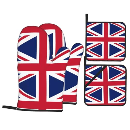 Juego de guantes de horno y soportes para ollas resistentes al calor con estampado de bandera británica, guantes de barbacoa aislados para cocina, microondas, parrilla