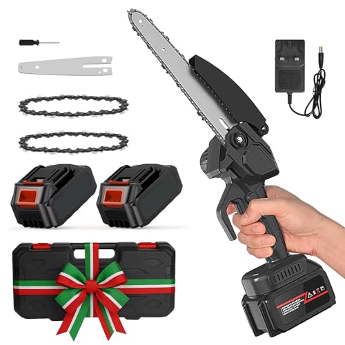 Mini motosierra con 2 baterías de 12000 mAh, AIOMEST Electric, motosierra eléctrica de 8 pulgadas, pequeña 800 g, minimotosierra de mano, 2 cadenas de repuesto, sierra de cadena manual, tijeras de