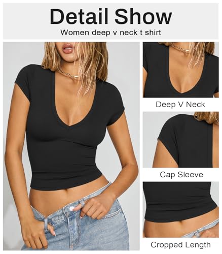 Women's Sexy V Neck Cap Short Sleeve Top Shirts Fitted Basic T Shirt for Women Tee Y2K Casual Crop Going Out Top3