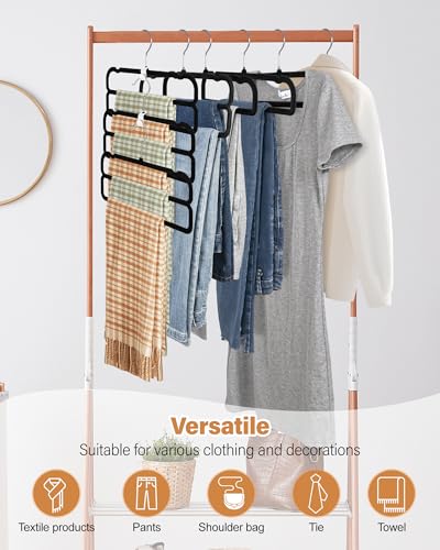 Image of 10 Pack Velvet Pants Hangers Space Saving, Non Slip 2-Layer Hanger (Black) | Heavy Duty Flocked Trouser Hangers,pants organizer for closet with Swivel Hook, Felt Jean Hangers for Women and Men