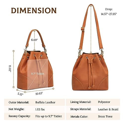 Image of S-ZONE Genuine Leather Purses for Women Crossbody Drawstring with 2 Straps | Top Grain Leather, Bucket Bags Crossbody Shoulder Top Handle, Multi Pockets, Vintage Casual, Travel Everyday
