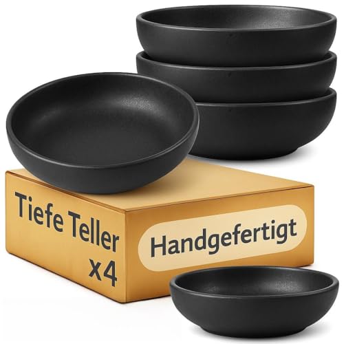 Recopilación de De platos de loza comprados en linea. 44 Cosumy Juego de 4 platos hondos de loza de 22 cm de diámetro, hechos a mano, color negro, juego de vajilla moderno, 4 platos hondos, platos de pasta grandes y profundos, elegantes...