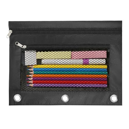 Image of 3 Ring Pencil Pouch for Binder, 2-Pocket Zipper Pencil Case with Clear Window & Mesh Pocket, 600D Oxford Fabric Binder Pouch for School Office Supplies, Fits Standard 3-Ring Binders, Black
