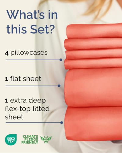 Image of Flex Top Split Head King 6 Piece Sheet Set - Breathable & Cooling - Coral