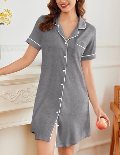 Image of Ekouaer Nightgowns for Women Button Down Sleepshirt Short Sleeve Nightshirt Boyfriend Pajamas V Neck Nightdress S-XXXL
