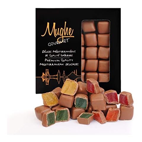 Rose, Mint, Orange and Strawberry Flavored Turkish Delight Lokum Covered with Chocolate in Gift Box Tin, 300g, 20 Pieces, Mughe Gourmet Cover