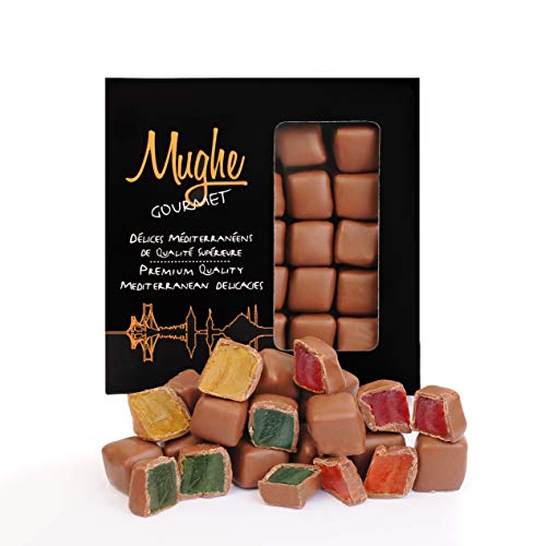 Delicias turcas con sabor a rosa, menta, naranja y fresa cubierto con chocolate en caja de regalo, lata, 300 g, 25 piezas, MUGHE GOURMET