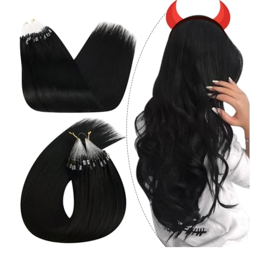 Ugeat Black Microlink Hair Extensions Human Hair Jet Black Micro Bead Hair Extensions Real Human Hair Invisible Micro Loop No Glue Needed by Cold Fusion for Women Long Length 24 Inch 50G 50S