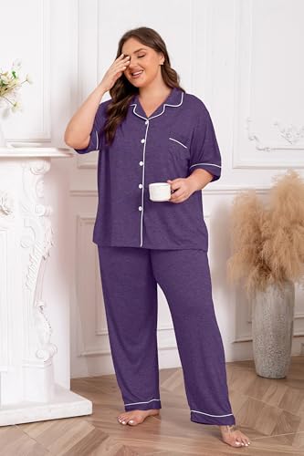 Image of Vozanet Women Plus Size Pajamas Button Down Rayon Softness PJS Classic Sleepwear Short Long Loungewear 2pcs with Pockets