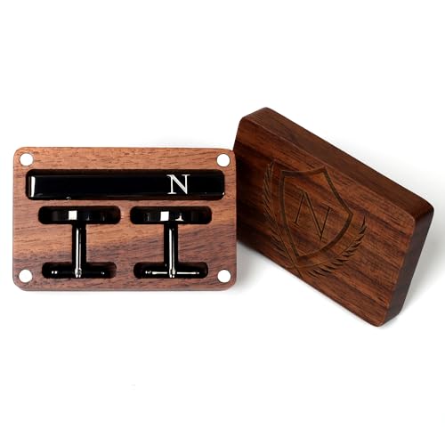 Image of Mens Initial Cufflinks and Tie Clip A-Z Alphabet Letter Black Stainless Cuff Links Tie Bar with Engraved Walnut Wood Box Groom Groomsman Wedding Set