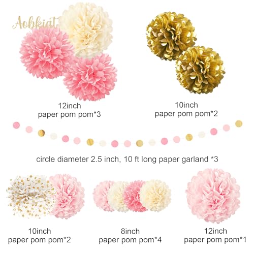 Image of AOBKIAT Wedding Baby Shower Decorations Set,15PCS Pink Gold for Girls Women | with Tissue Paper Pom Poms,Colorful Garland String Hanging Backdrop for Birthday,Bridal Shower,Gender Reveal Celebration