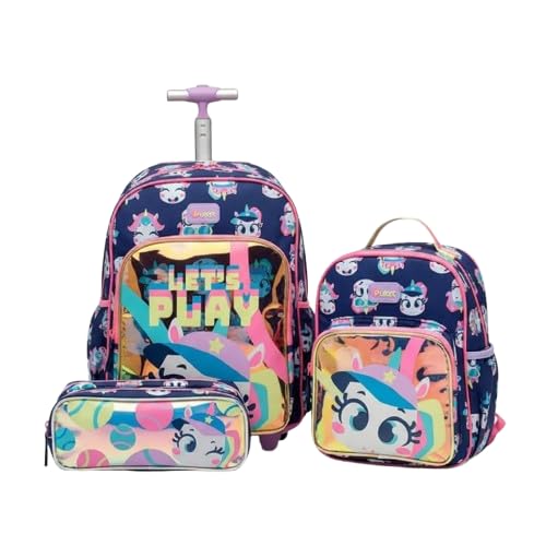 Puket - Kit Unicórnio Tênis: Mochila C/Rodinha G + Estojo Triplo + Lancheira Térmica Azul-marinho - Puket