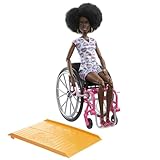 Barbie Doll with Wheelchair and Ramp, Kids Toys, Barbie Fashionistas, Curly Black Hair, Rainbow Heart Romper, Clothes and Accessories, HJT14