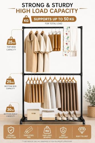 Image of WOOMZY Heavy Duty Cloth Drying Stand for Clothes - Foldable Clothes Drying Stand Metal | Adjustable Dry Cloth Stand & Cloth Dryer Stand for Balcony, Home | Pole Rack Kapde Stand