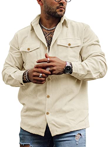 Mens Corduroy Button Down Shirt Jackets Long Sleeve Retro Shirt Outerwear Casual Ribbed Work Tops with Pockets