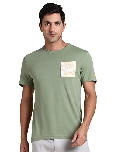 Image of Dennis Lingo Men's Poly Cotton Regular Fit Solid with Printed Patch Pocket Half Sleeve Round Neck T-Shirt